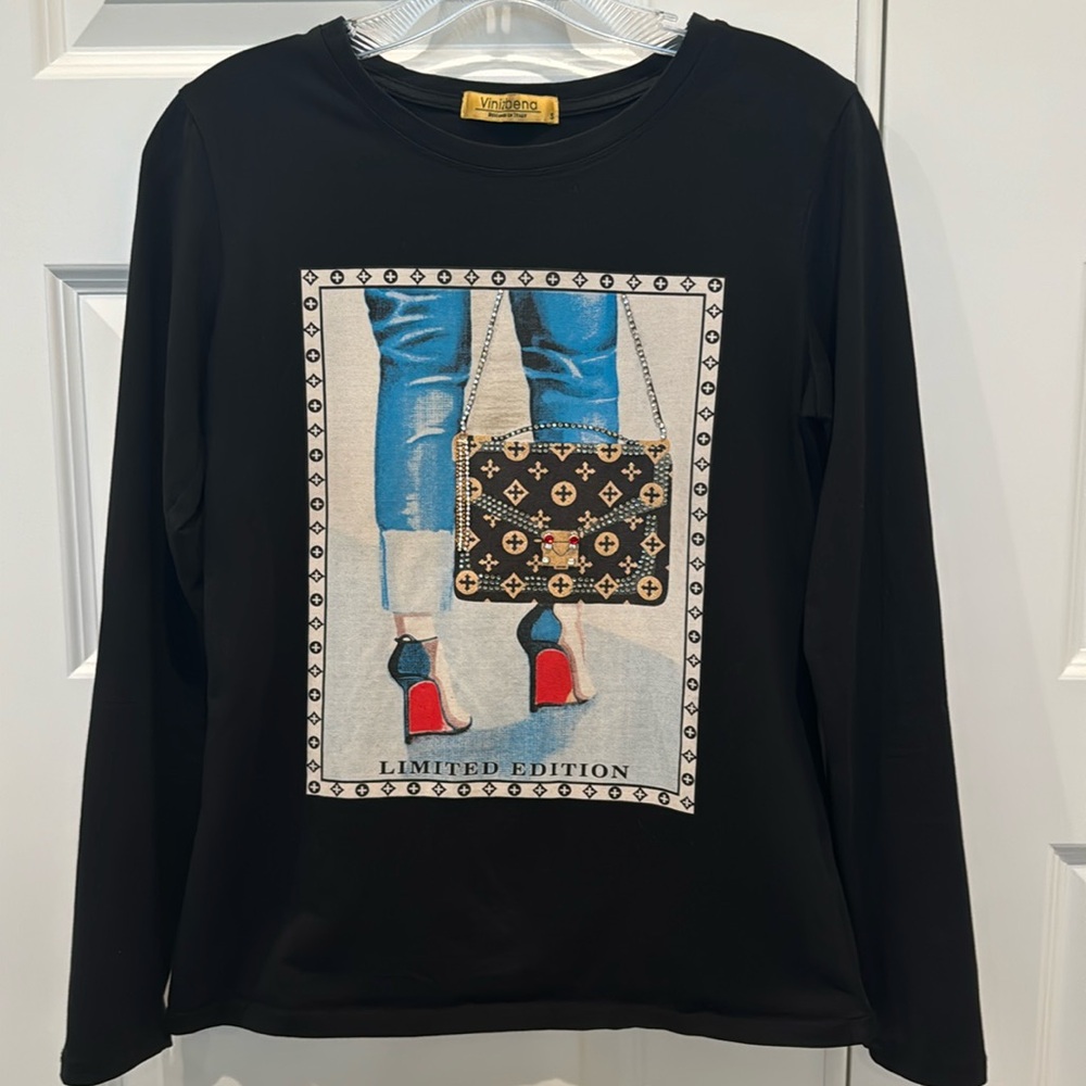 Vinizbena Made In Italy Black Bejeweled Bling Long Sleeve Size Small